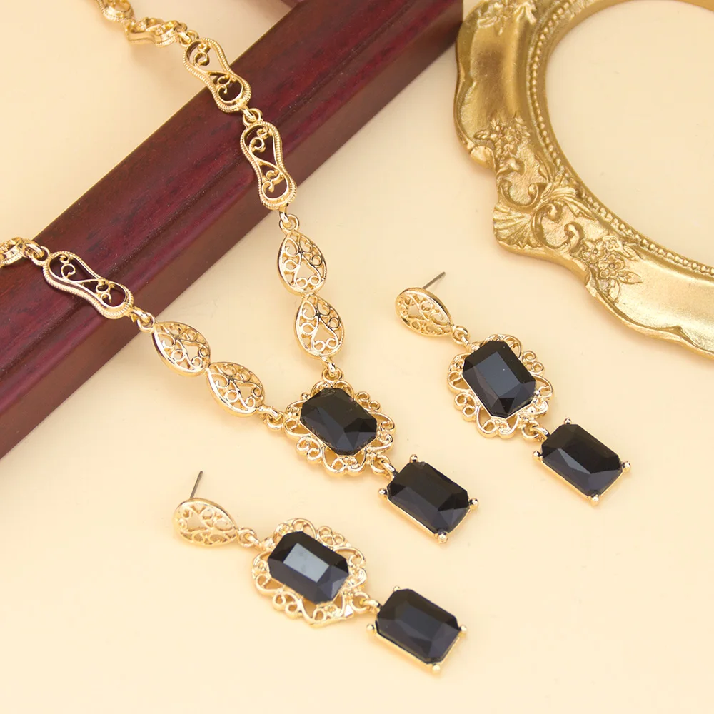 Sunspicems Algeria Moroccan Necklace Earring Set For Women Luxury Arabic Crystal Square Pendant Neck Chian Bridal Jewelry