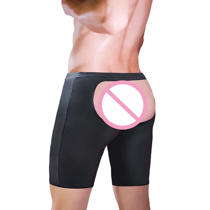 Mens Faux Leather Wetlook Open Butt Shorts Stretchy Night Lingerie Underwear Panties Club Wear Gay Roleplay Sleepwear Pajama