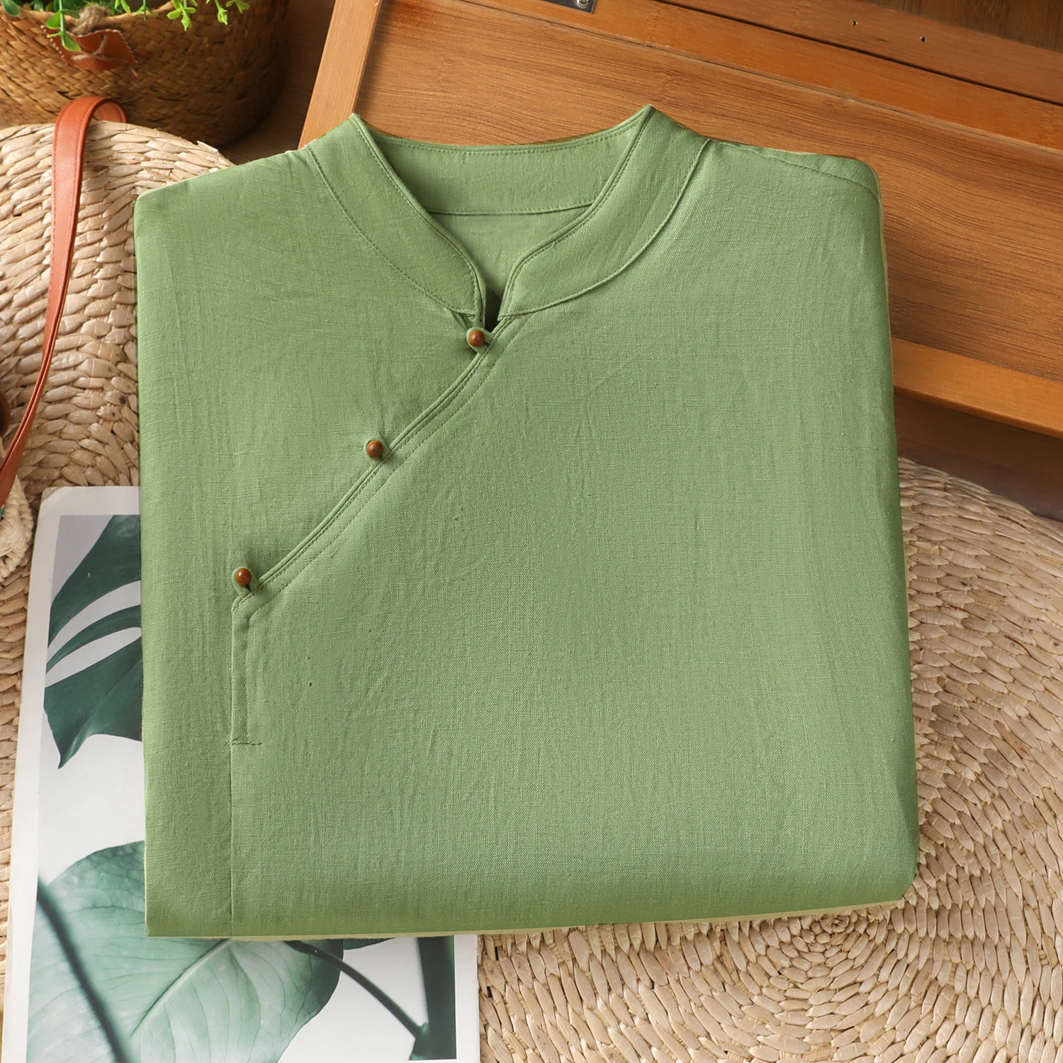 Blusa de Estilo Chino Retro, de Aodón y Lino, con Cuello Mao, para Mujer, Verano, Casual, Hoada, con Botones, M...