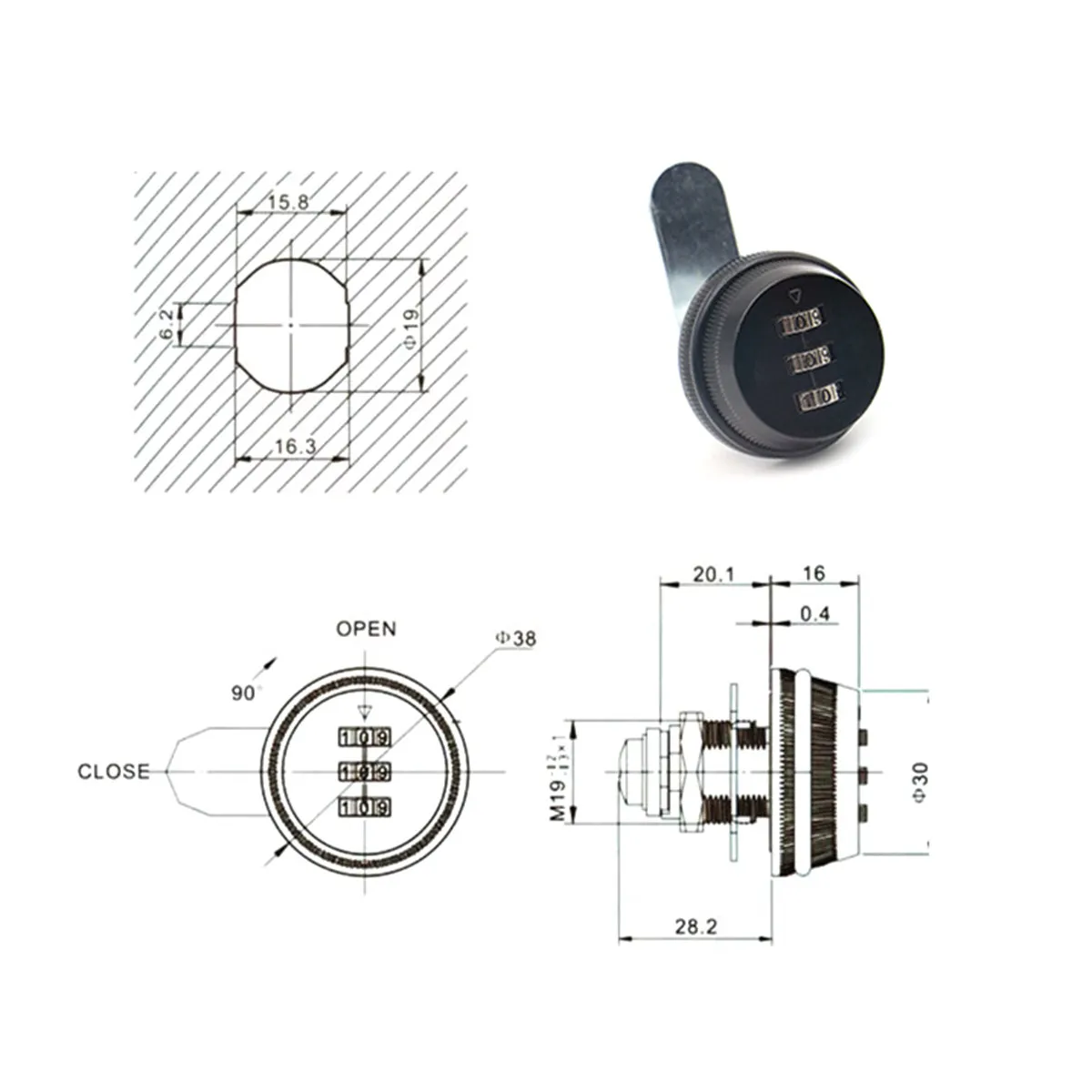 Zinc Alloy Combination Cam Lock 3- .5x3.8x3.8cm Keyless Security Lock Reconfigurable Without Disassembly for Toolboxes