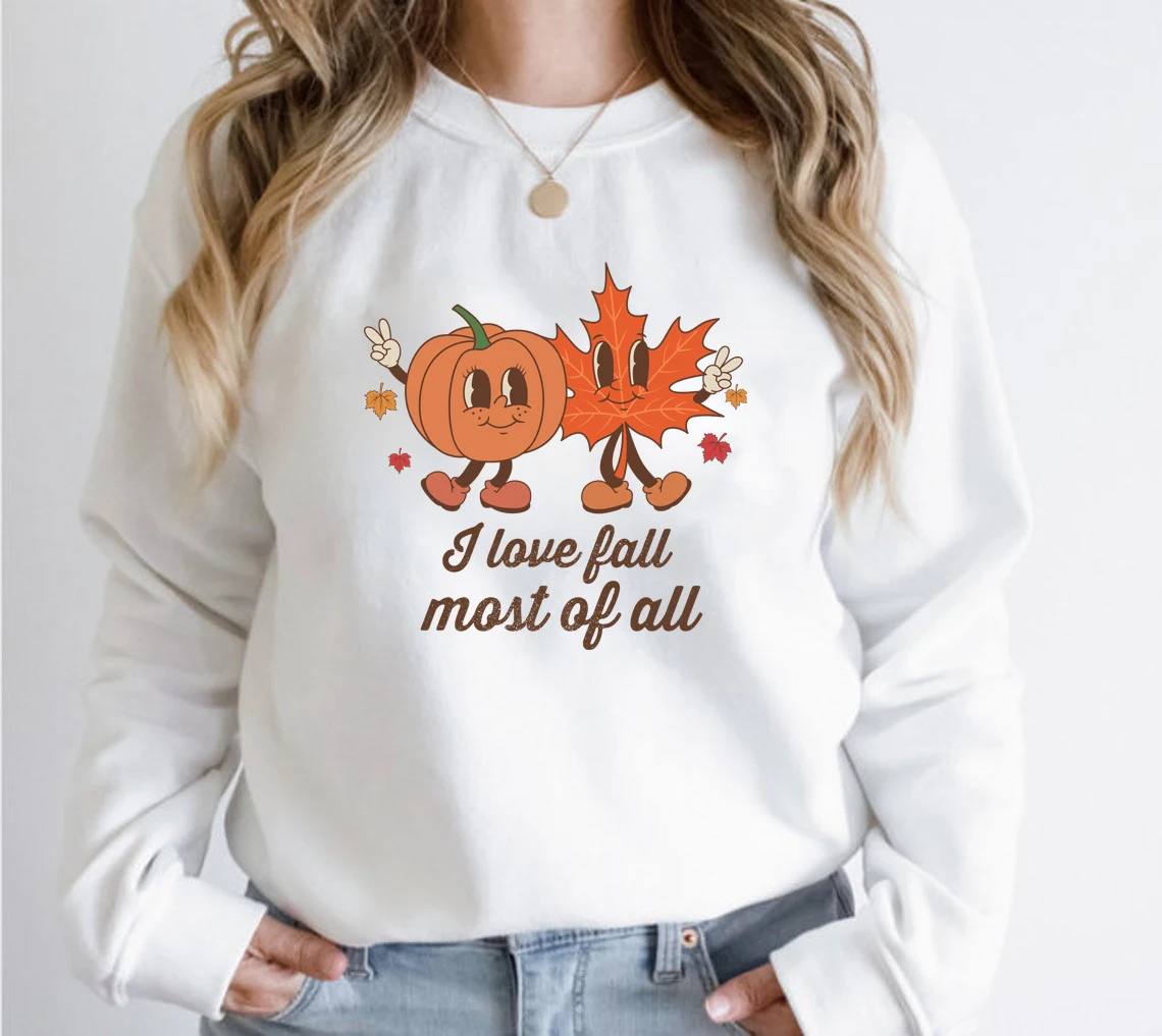 Colored I Love Fall Most of All Sweatshirt Vintage Women Long Sleeve Jumper Autumn Pumpkin Leaf Pullovers