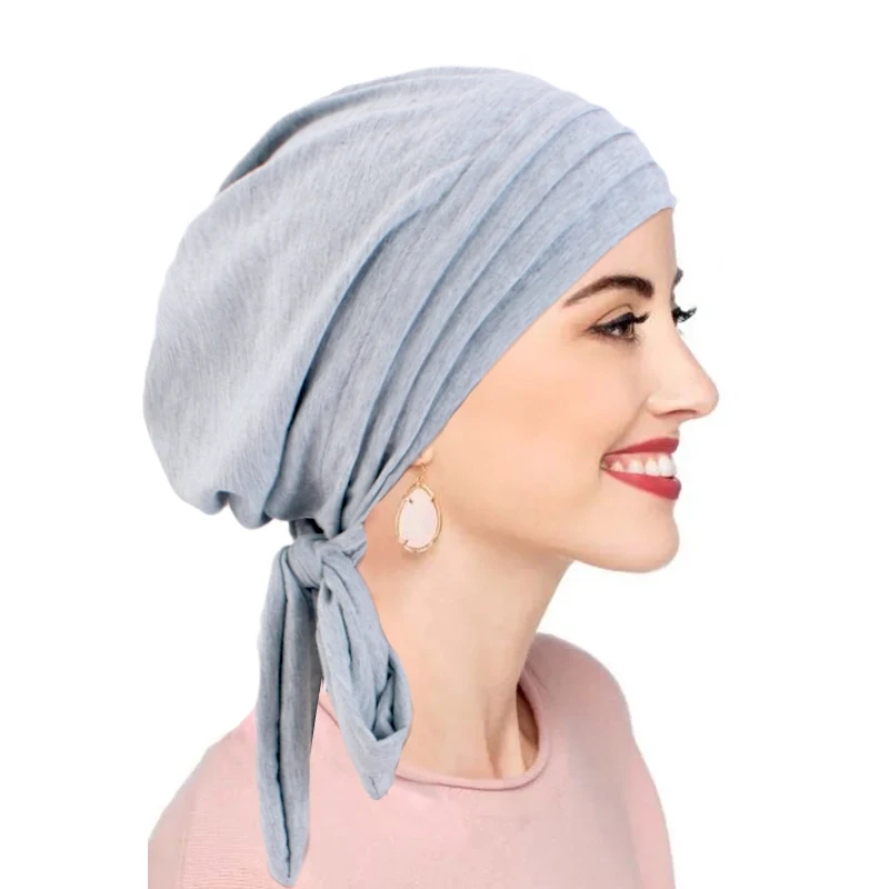 New Women Solid Color Pleated Long Tail Turban Hat Cotton Pre-tied Back Ramadan Chemo Hat Elegant Elastic Breathable Head Cap