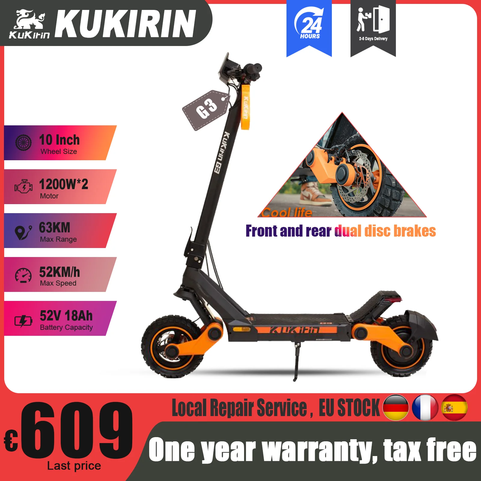 KuKirin G3 Electric Scooter 1200W Rear Motor 52V 18Ah 52KM/H Max Speed 63KM Range Touchable Display Control Off-road EScooter