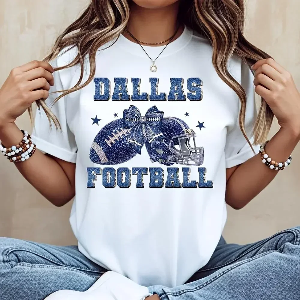 Dallas Football Glitter Helmet And Ball Bow Print T-SNFL Team Spirit Fan AppareCasual Game Day Wear