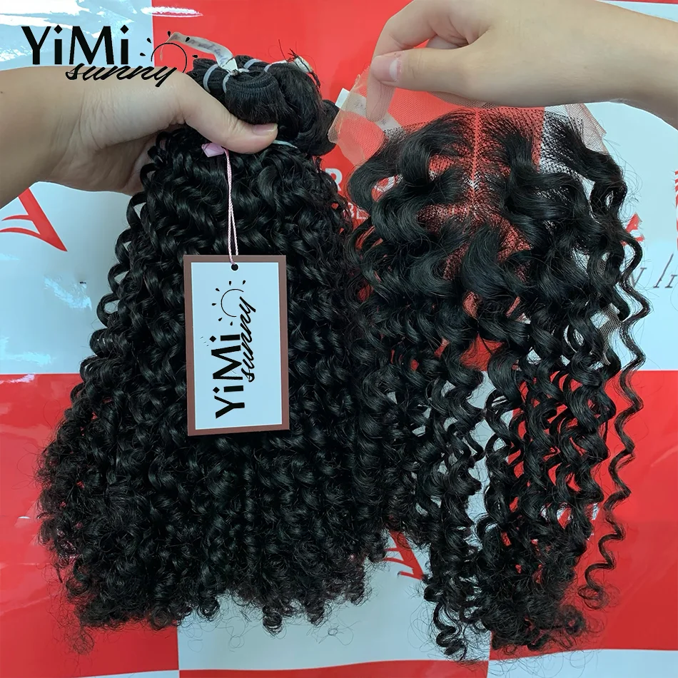 3PC Pixie Loose Curly Human Hair Bundles With Transparent 4x4 Lace Closure Mongolian Extension For Women Double Weft Yimisunny