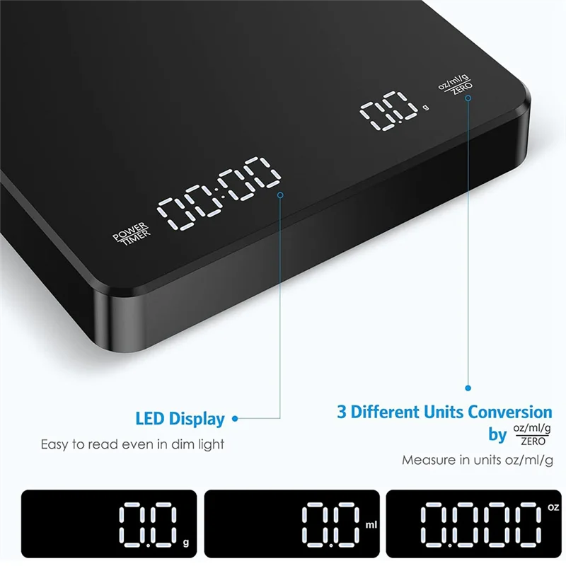 Digital Kitchen Scale With Timer ABS 3 Units Rechargeable Portable Coffee Scale 3Kg/0.1G High Accuracy-T44C
