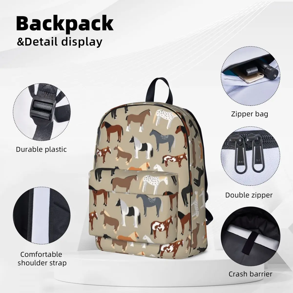 Horse Breeds Pattern Backpacks Large Capacity Student Book bag Shoulder Bag Laptop Rucksack Fashion Children School Bag