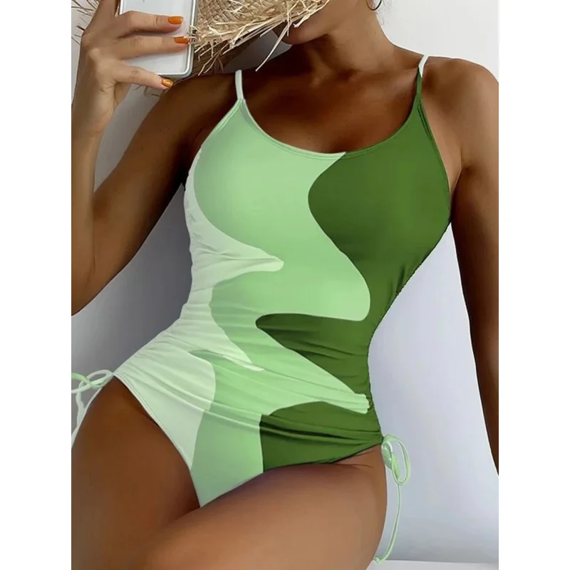 2023 Drawstring Swimsuit One Piece Printed Swimwear Women Strape Bathers Bathing Swim Suit Female Swimming Beachwear Bodysuit