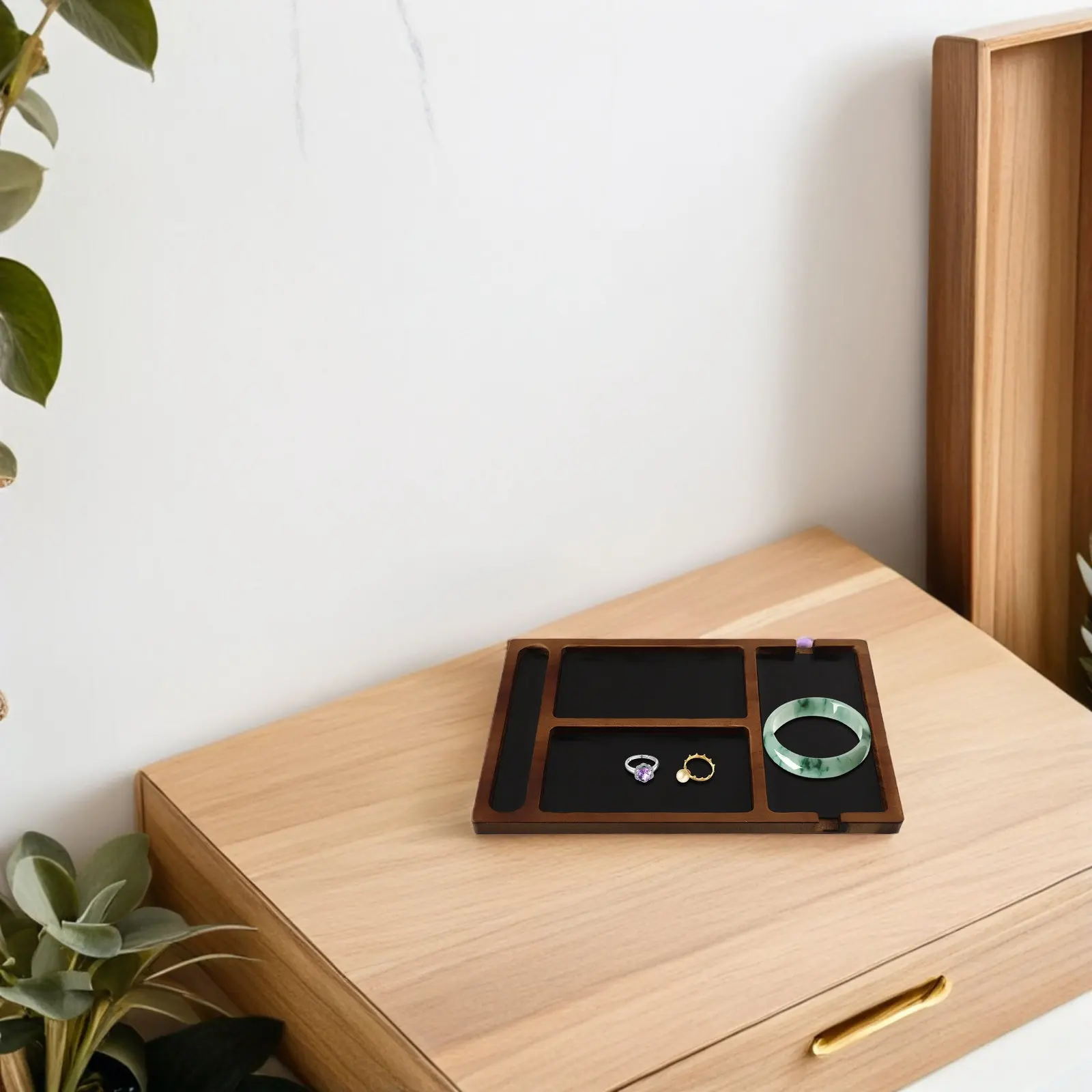 Divided Solid Wood Jewelry Tray Natural Finish Desk Organizer for Bedroom Nightstand Phone Keys Watch Sunglasses Storage view 2