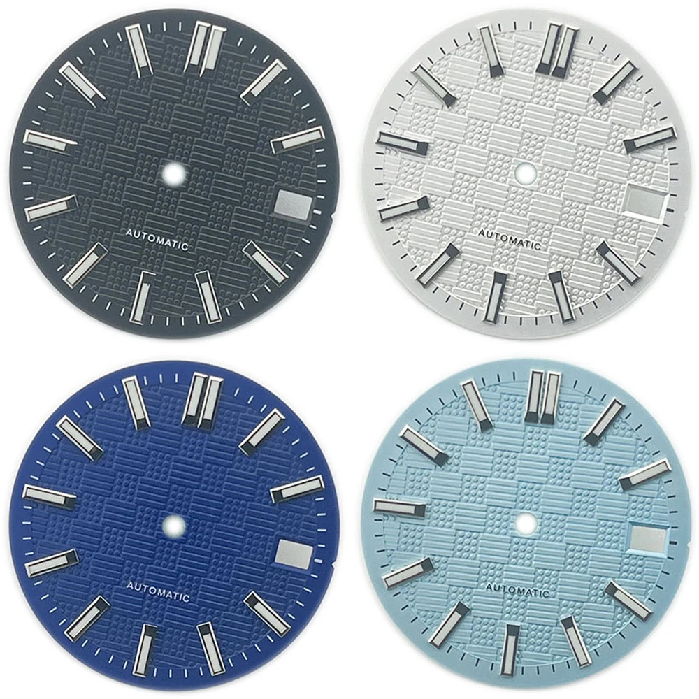 

28.5mm Watch Dial, Green Luminous Dial NH35 , Replacement for NH35A 4R35 Movement, Single Calendar Watch Faces 3D Silver Nails