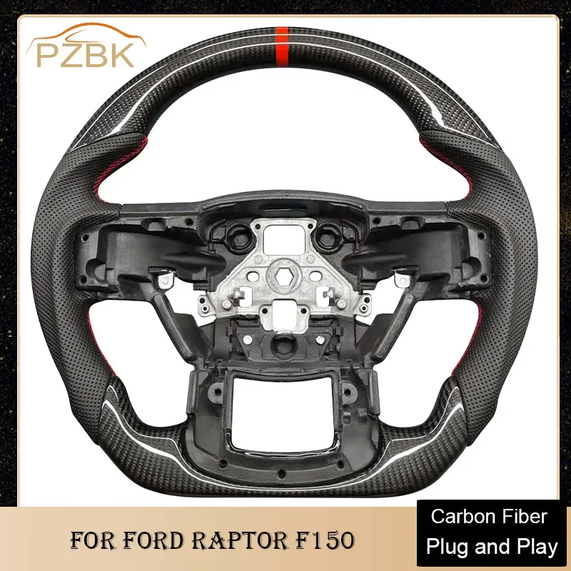 

Upgrade Carbon Fiber Car Steering Wheel with Red Stiching for Ford Raptor F150 Everest Ranger Expedition Explorer