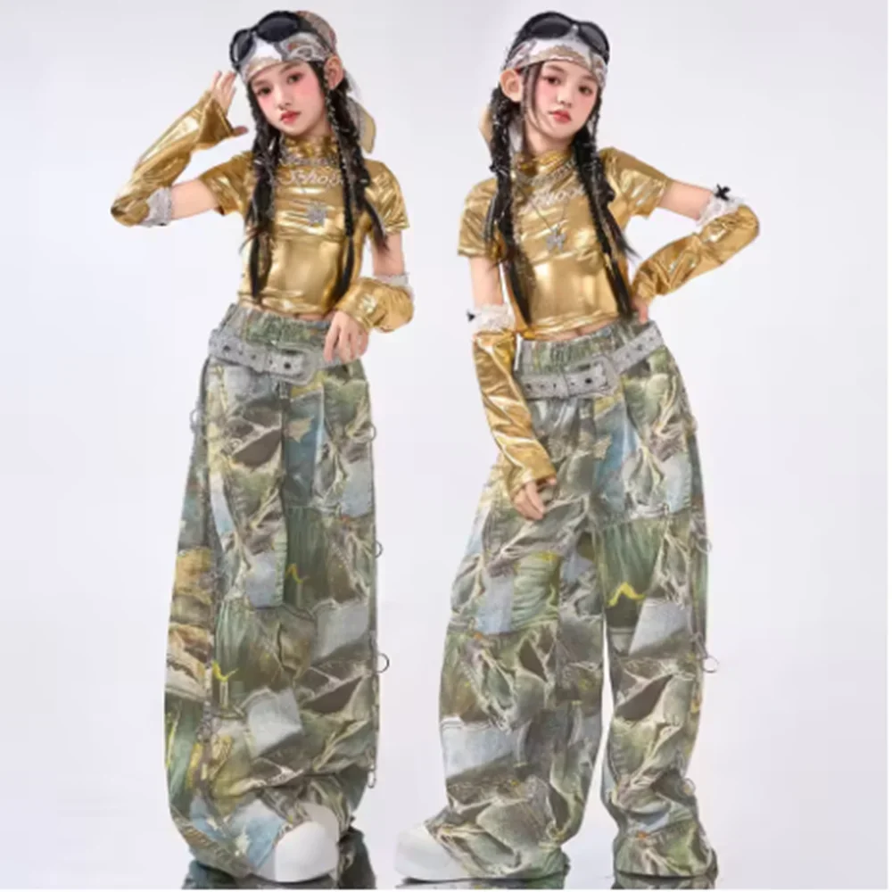 2025 New Jazz Dance Costume Girls Kpop Stage Outfit Stage Show Performance Wear Gold Crop Top Shuffle Pants Kid Streetwear  yk