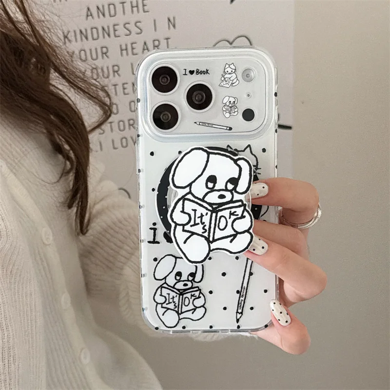 

Funny Cute Cartoon Dog Polka Dots Magnetic Phone Case For iPhone 17 Pro 16 15 14 Pro Max Cover with Stand For Magsafe Protective