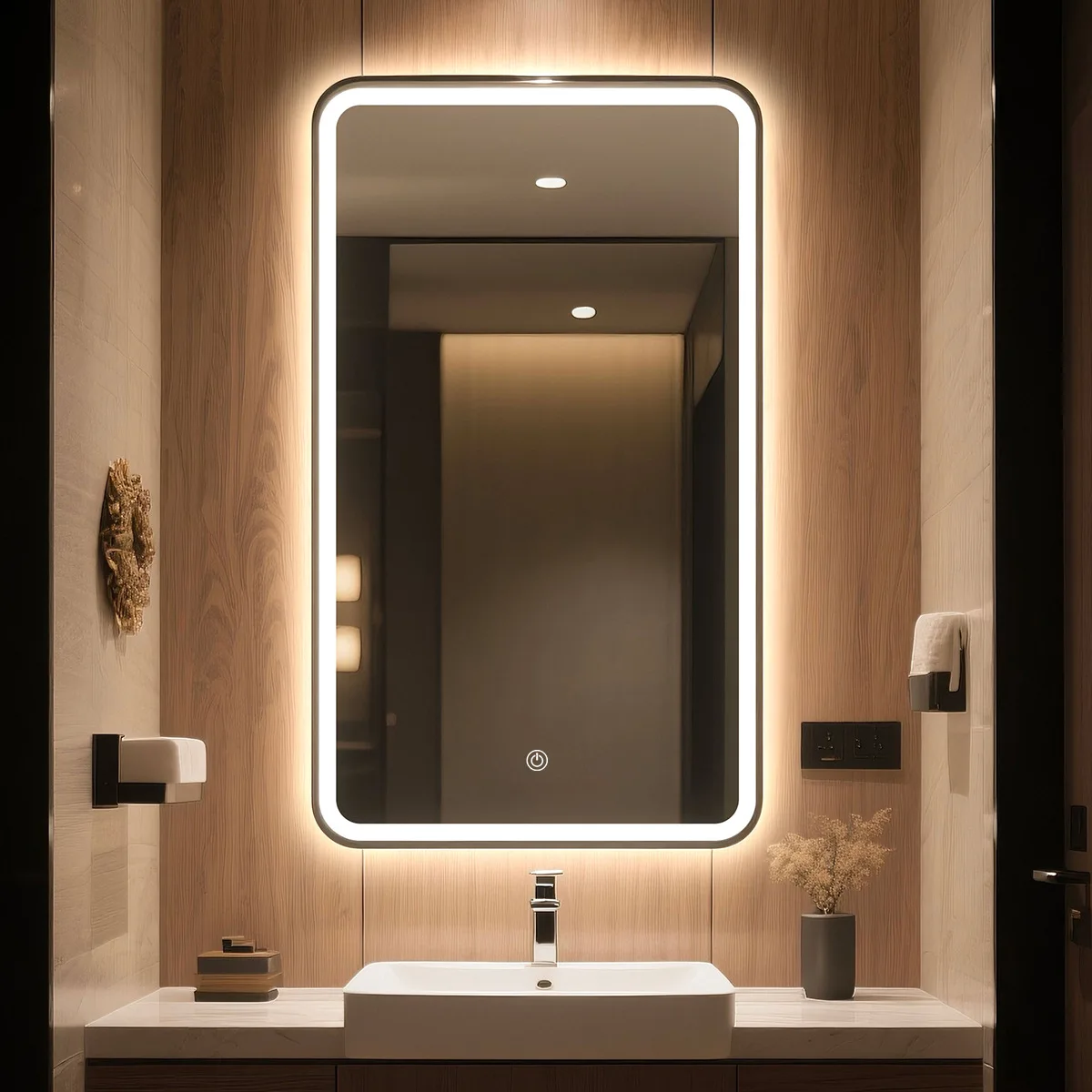 Hotel Apartment Framed Rounded Square Mirror Anti-Fogging Bathroom Mirror Touch Screen Wall Hanging Aluminum