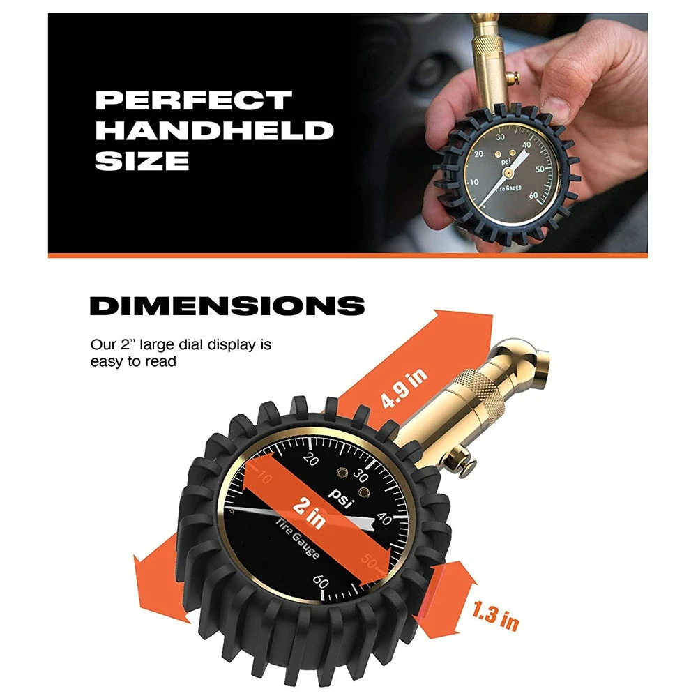 Bandenspanningsmeter- (0-60 Psi) Zwaar, Nauwkeurig Met Gloedwijzerplaat, Laag-Hoge Luchtdrukmeter