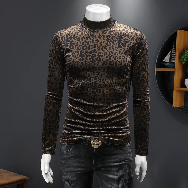 Leopard Print Turtleneck T Shirt For Men Long Sleeve Casual Slim Autumn Quality Velvet Soft Comfortable Tees Camisetas De Hombre