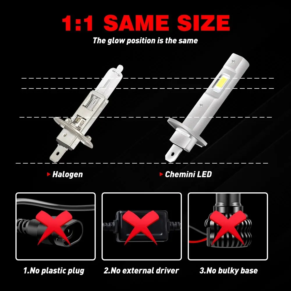 2Pcs 1:1 Car LED H1 LED Headlight Bulb 55W 12000Lm White 6500K Mini for Auto Super Bright LED Fog Lights Fanless Wireless 12V