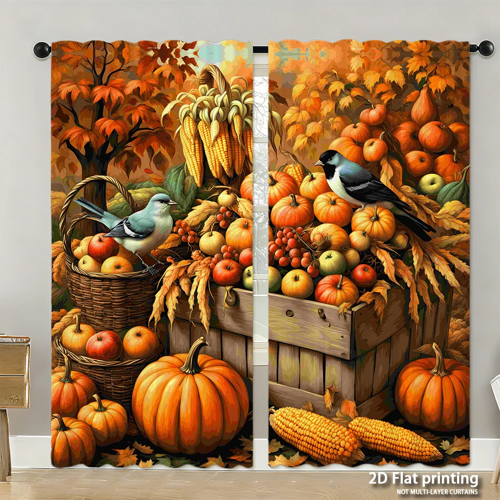 2-piece set of high-definition digital printed curtainsautumn harvest color palette pumpkins corn birdsHome decoration style