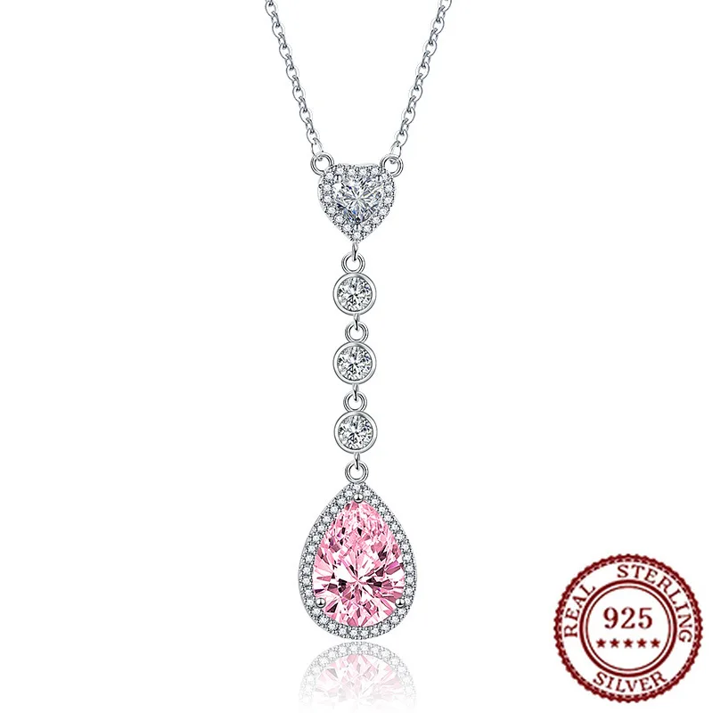 

925 Sterling Silver Yellow Diamond Color Treasure Pink Diamond Women's Droplet Shaped Zircon Heart-shaped Necklace