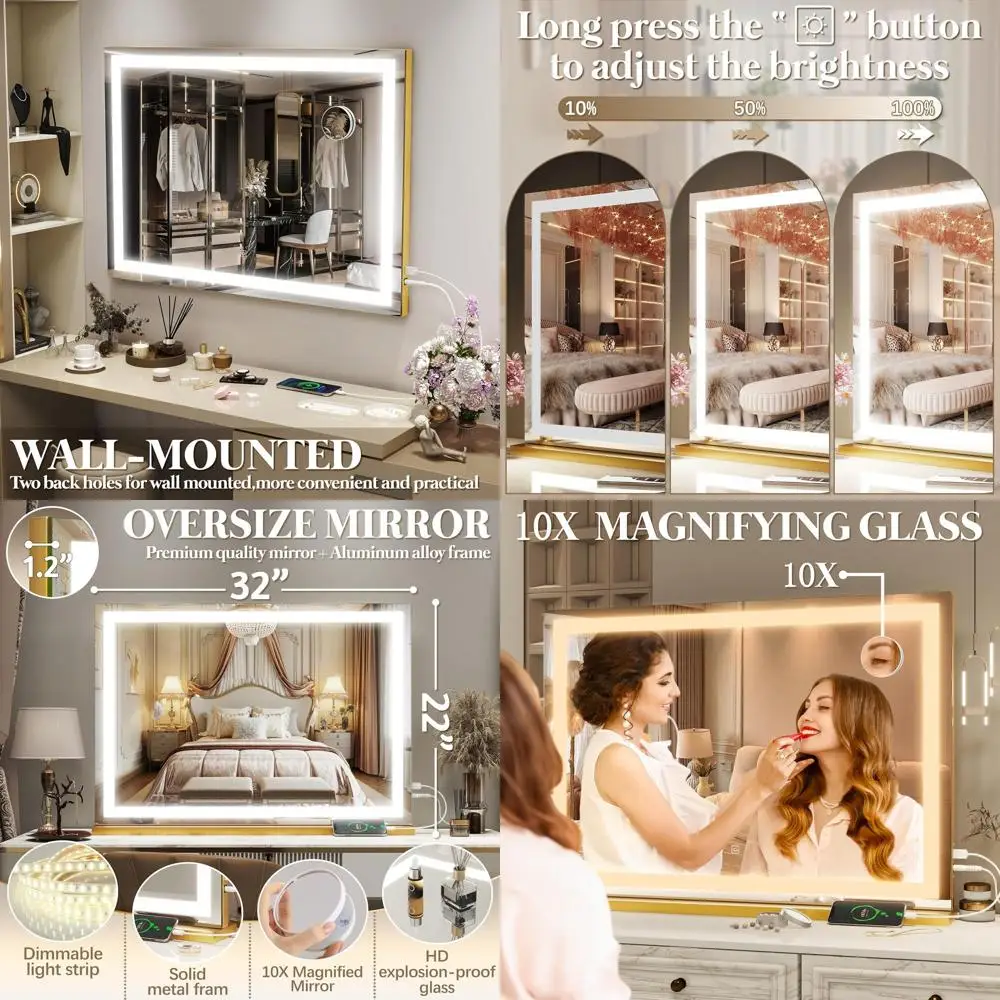 مرآة زينة مضاءة LED 32 × 22، تحكم باللمس، خيارات 3 ألوان، تكبير 10X، منفذ USB، إطار ذهبي مربع #1