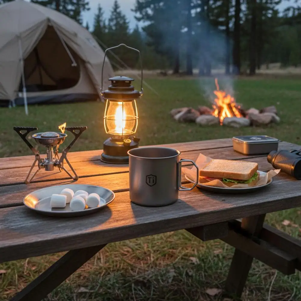 Titan-Faltbecher für Outdoor-Camping, Wandern und Picknick, Tragbarer Reise-Tee- und Kaffeebecher mit Netzbeutel, Leichtes Trinkgeschirr