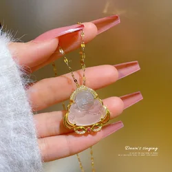 【 Titanium Steel 】 Geely Jade Buddha Pendant Zircon Necklace Female Fast Hand Live Supply Maitreya Buddha Clavicle Necklace
