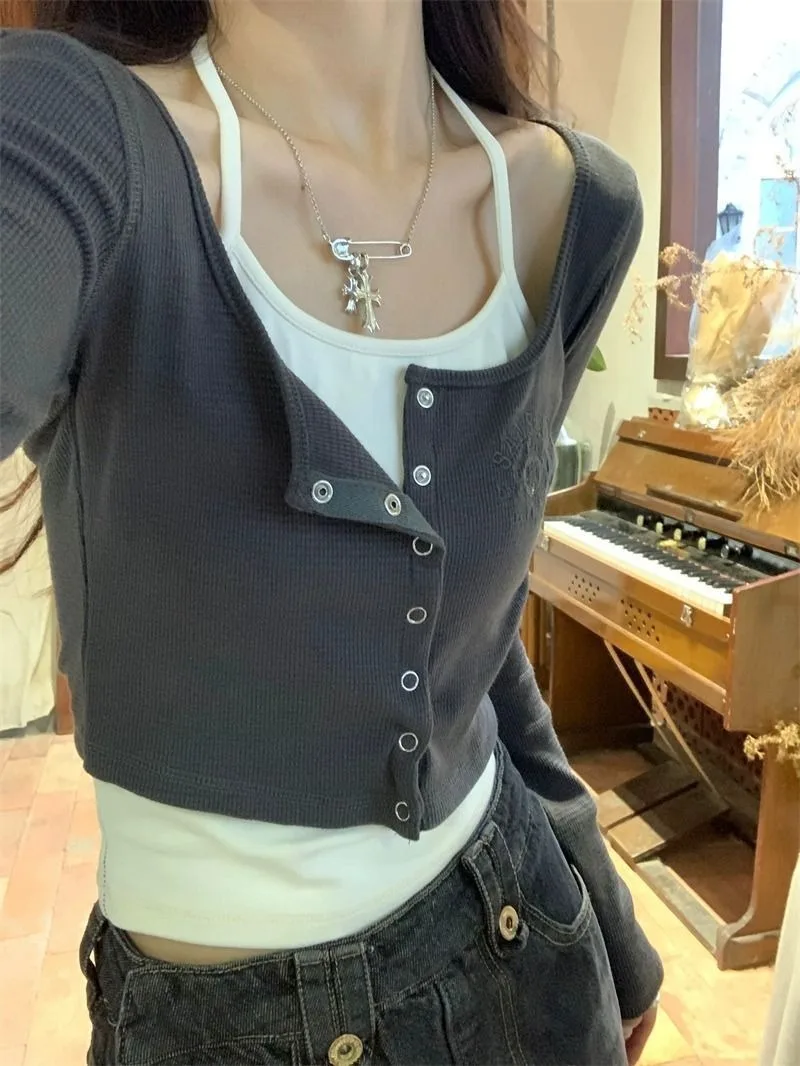 Damen Koreanischer Ins-Stil Reines Y2K Hot Girl Neckholder Langarm-T-Shirt Frühling Herbst Neues Slim-Fit Schulter-Fake-Zweiteiler-Oberteil – Detail 18