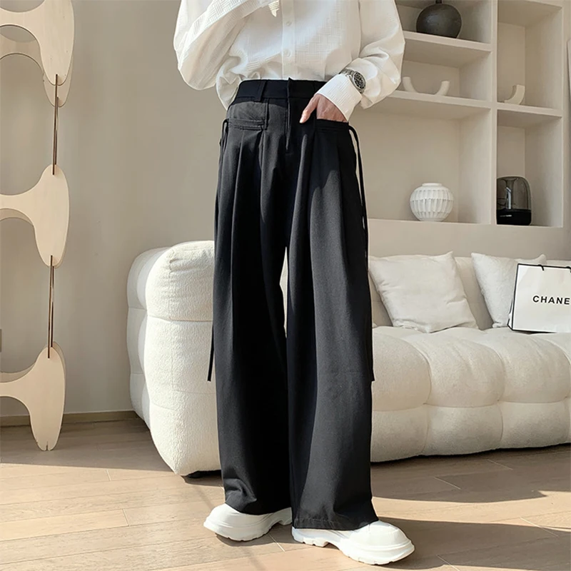 

New Streetwear Mens Trendy High Waist Trousers Summer Vintage Pleated Loose Pockets Wide Leg Pants Solid Color Men Casual Pants