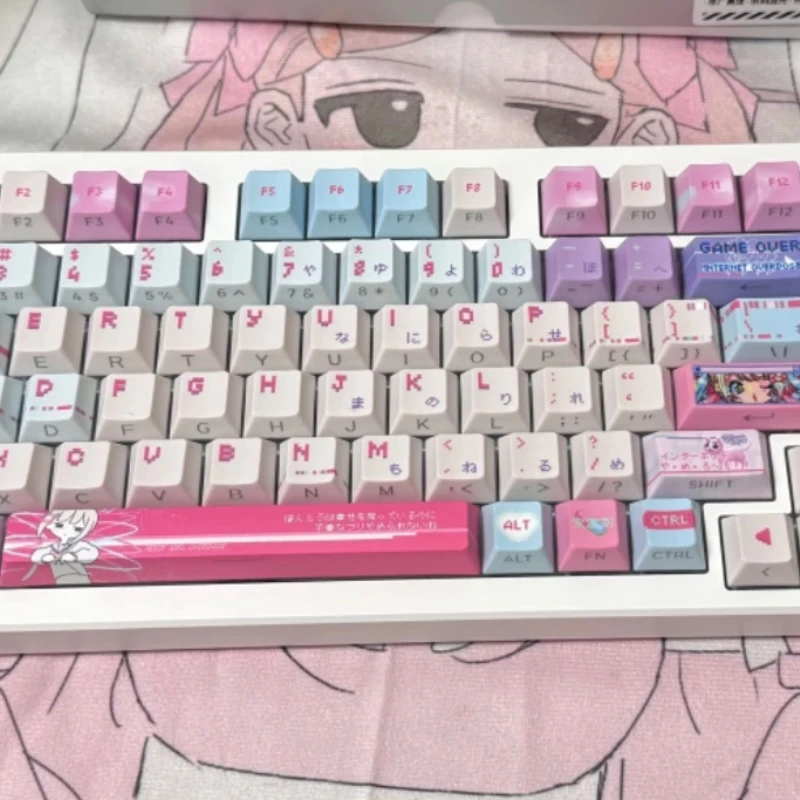 Pink Anime Themed Keycaps Set PBT/PC Cherry Profile Sublimation Custom Original Handmade Keycaps for Mechanical Keyboard DIY