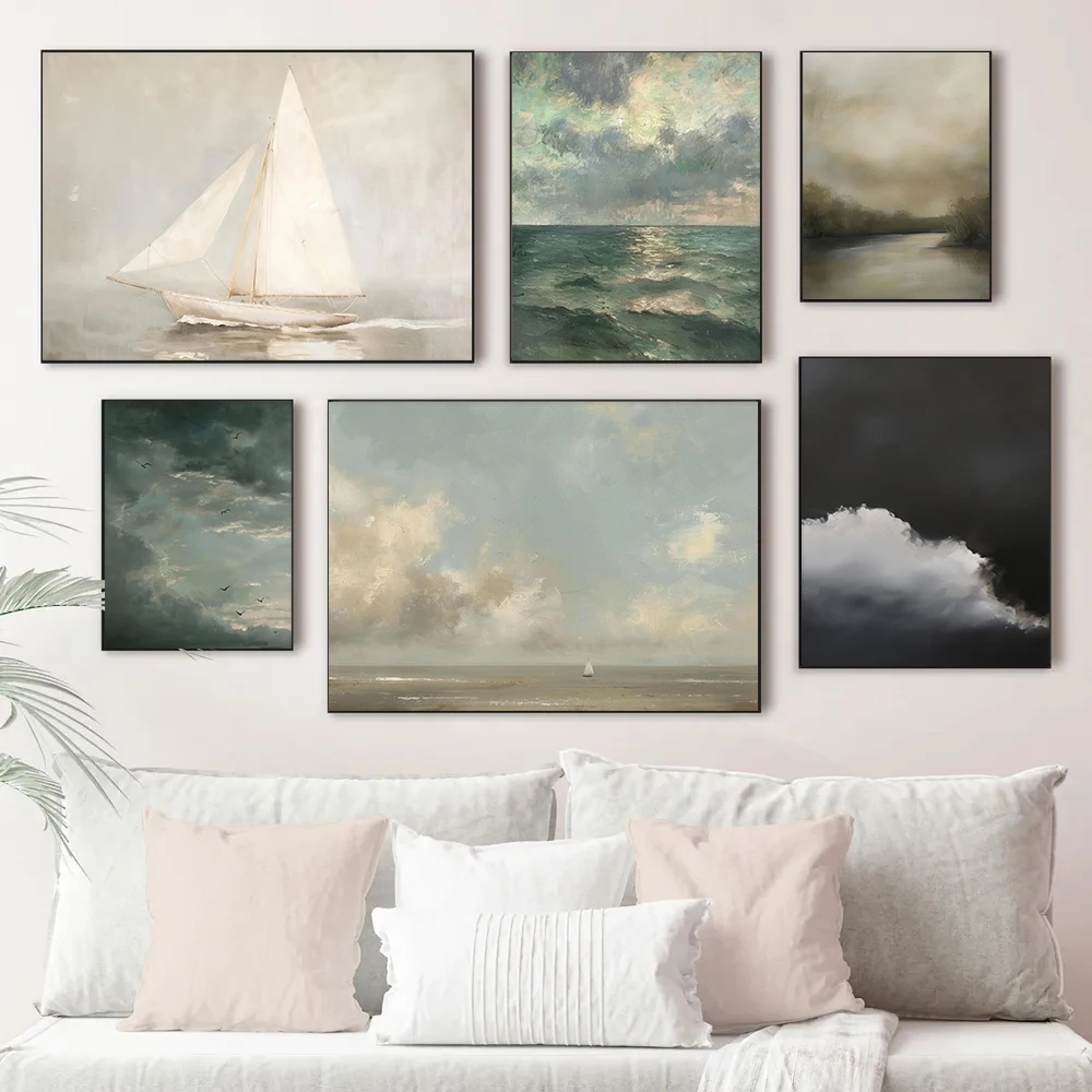 Vintage Cloud Landscape Art Posters Moody Sky Forest Plants Modern Prints Canvas Painting Wall Pictures Home Living Room Decor