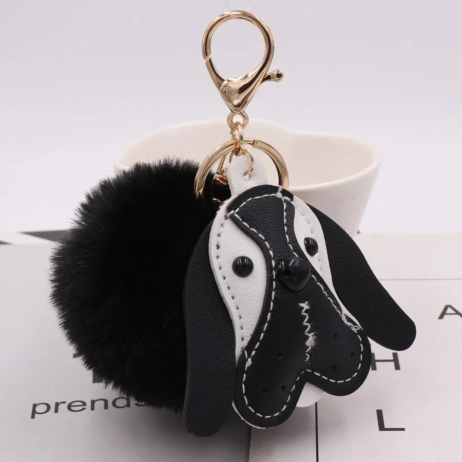 New fashion sweet Hot cute leather animal dog Fake Rabbit Fur Ball Key Chain Pompom Key Chain Key Rings  Girl Women Bag  Jewelry
