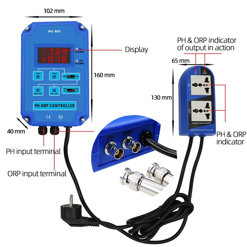 Digital 2&1 PH ORP Monitor Redox Controller Blue For Aquarium Hydroponics Plant Pool Spa W/ Output Power Relay US Plug