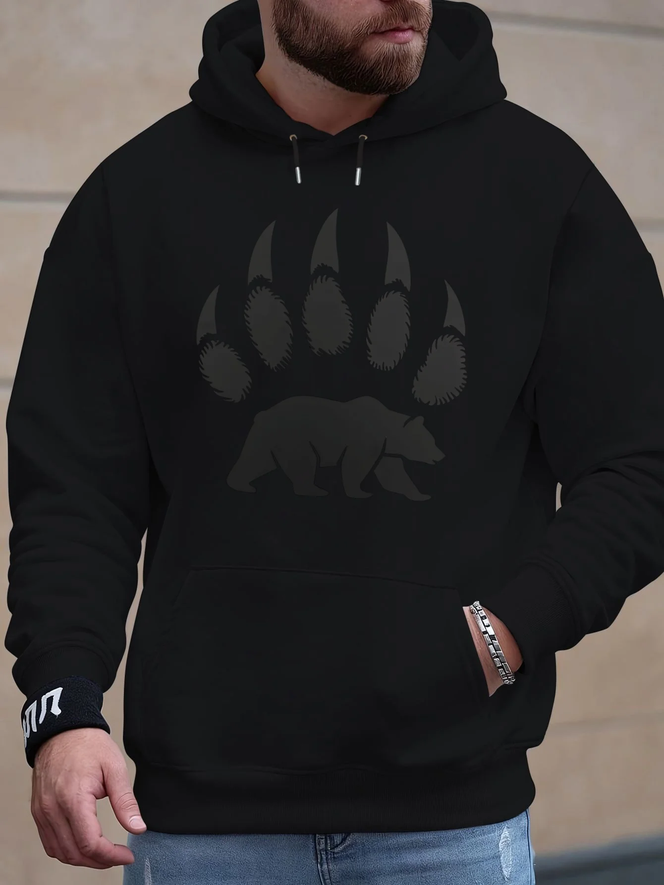 Bear Paw Print Front Design Long-SleevedrawstringPocketsHoodedSweatshirt - BeastSilhouetteCasualLoose-FittingYellowPulloverShirt