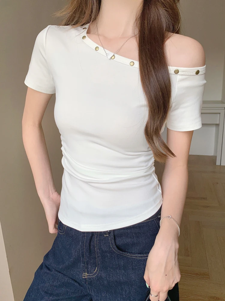 

Корейская женская футболка Sle, сексуальный плиссированный дизайн с заклепками и завязками на талии, красивый летний топ Super Alliance