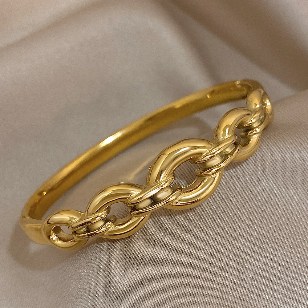 316L Stainless Steel Gold Plated Cuff Bangle Bracelets for Women Hollow Circle Link Geometric Waterproof Wristband Jewelry