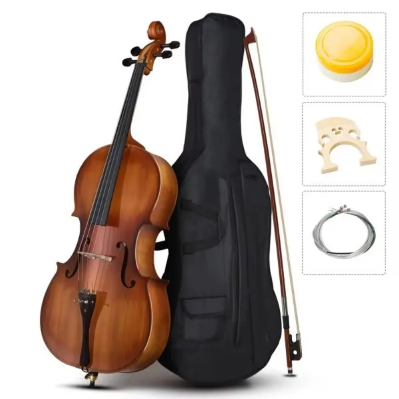Matte Natural Full Side Panel 4/4 Spruce Cello Panel Model with Bag, Bow, Rosin, Bridge and Strings