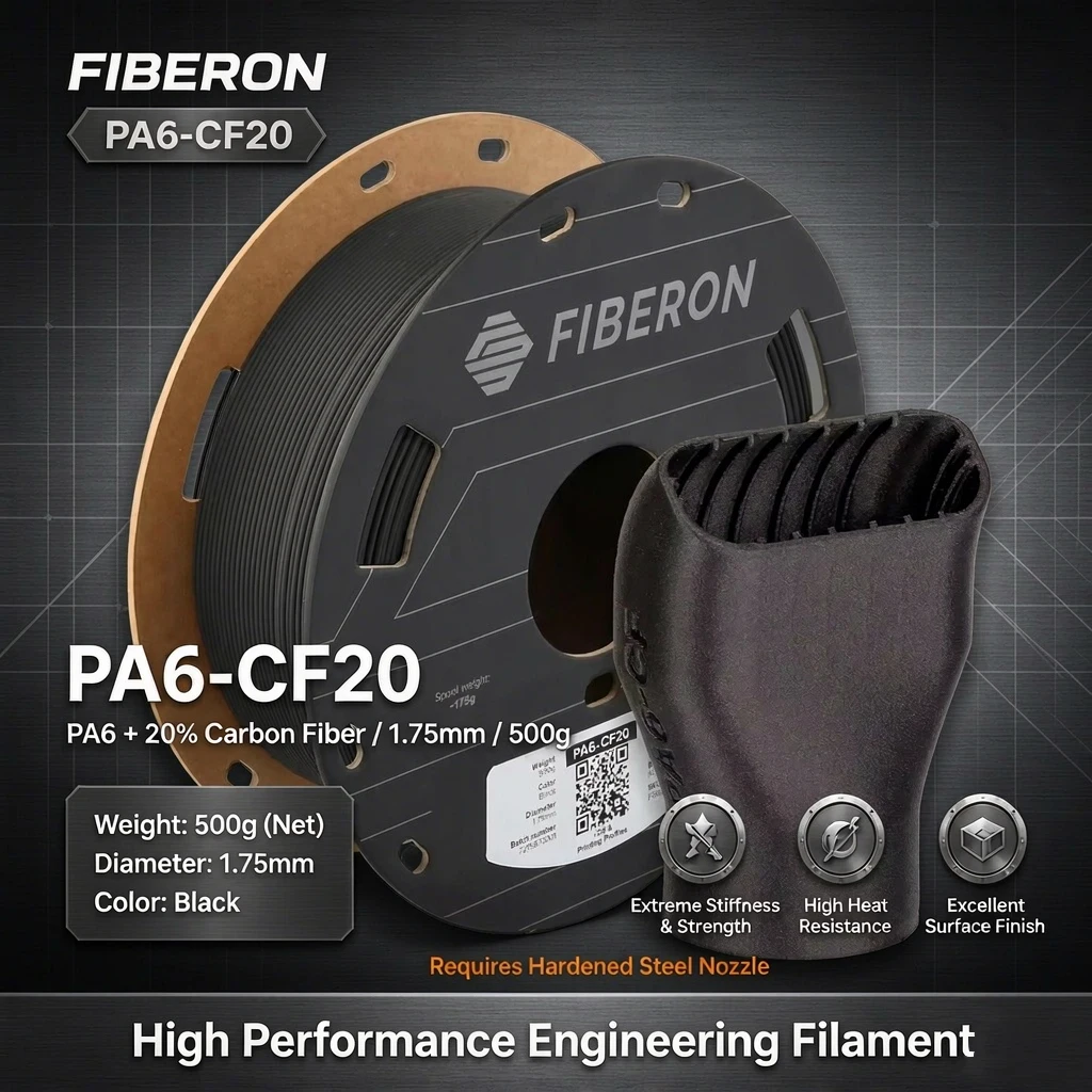 Polymaker PA6-CF20 3D Filament 1.75mm 0.5kg Polymaker Fiberon Carbon Fiber Reinforced Nylon High Strength Engineering Material