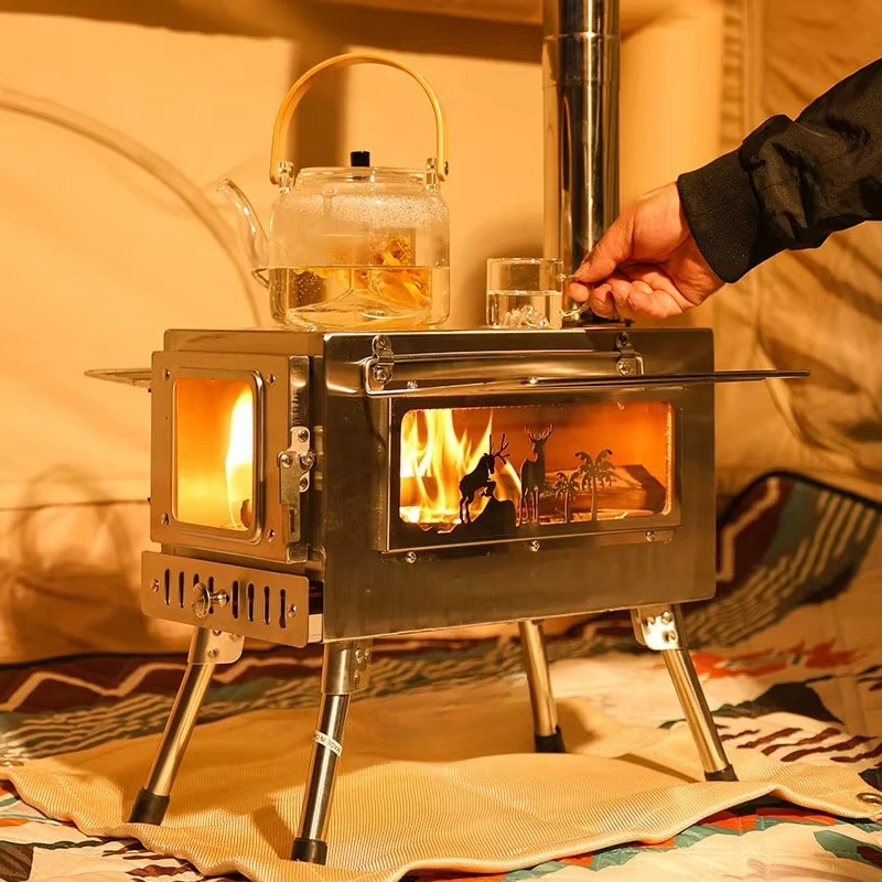 Multi-Functional Firewood Stainless Steel Wood Burning Stove Outdoor Camping Portable Wood Stove Foldable Tent Stove with Window
