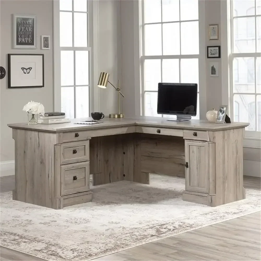 65 x 69 Modern Engineered Wood L-Shaped Desk with Storage, Drop-Down Panel, Grommet Holes for Home Office, Split Oak Finish