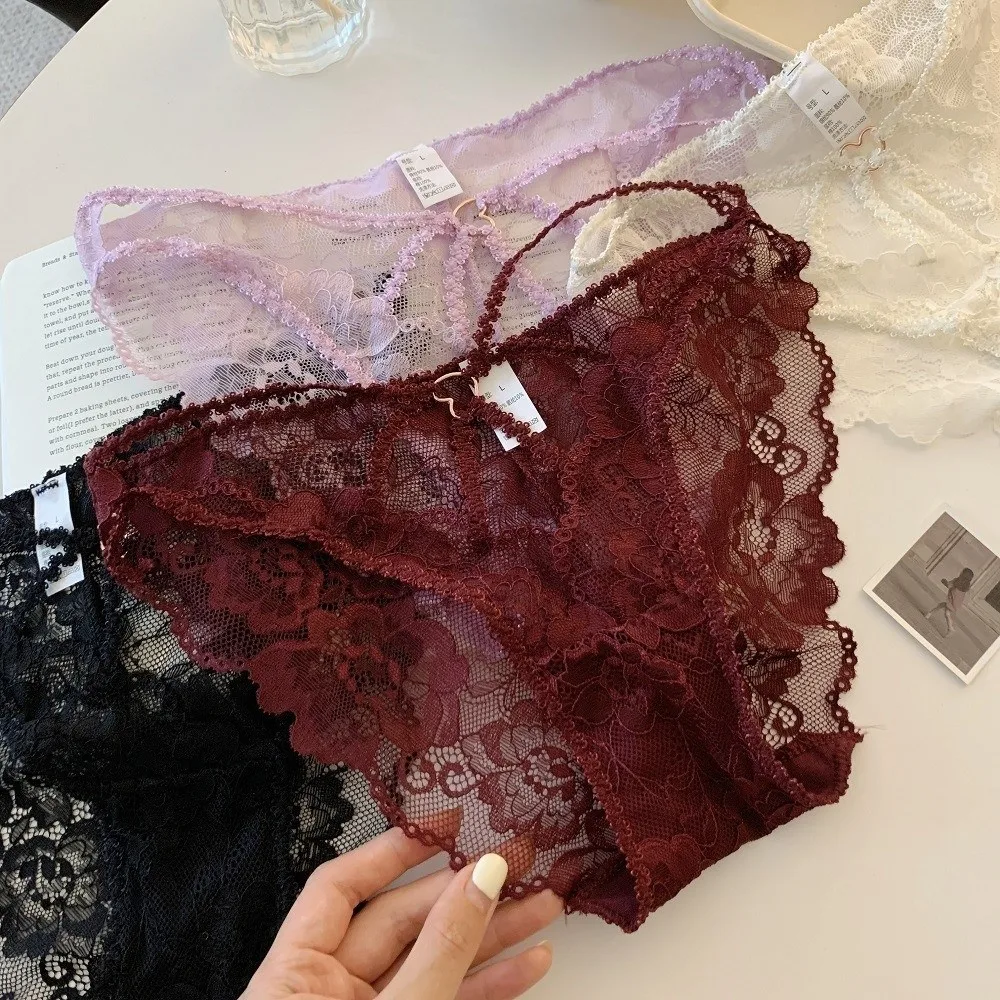 Atmungsaktive Spitzenhöschen mit hoher Taille, dünne Unterwäsche aus Baumwolle im Schrittbereich für Damen, transparente Netz-Spitzen-Slips – Detail 7