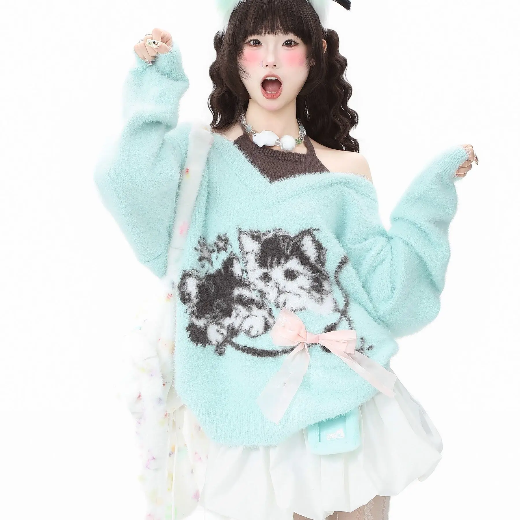 Y2K Japanese Sweaters Kawaii Women Off-Shoulder Sweater Cat Pattern Long Sleeve Casual Style Pullover Harajuku  Spring Autumn