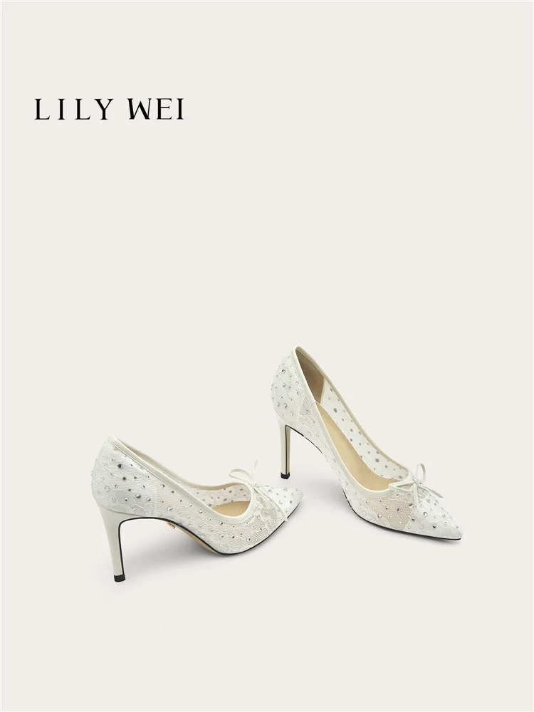 Spring and summer new pointed lace mesh bow diamond wedding shoes banquet big size small size slim heel high-heeled women's shoe