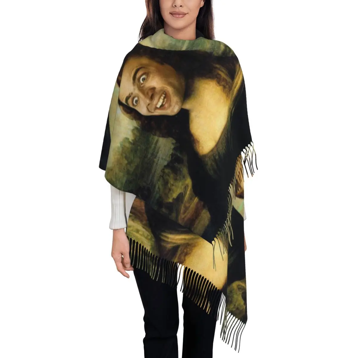 

Женский шарф с кисточками Николас Кейдж Мона Лиза, большая зимняя теплая шаль с запахом, кашемировый шарф с забавным принтом лица, повседневная одежда