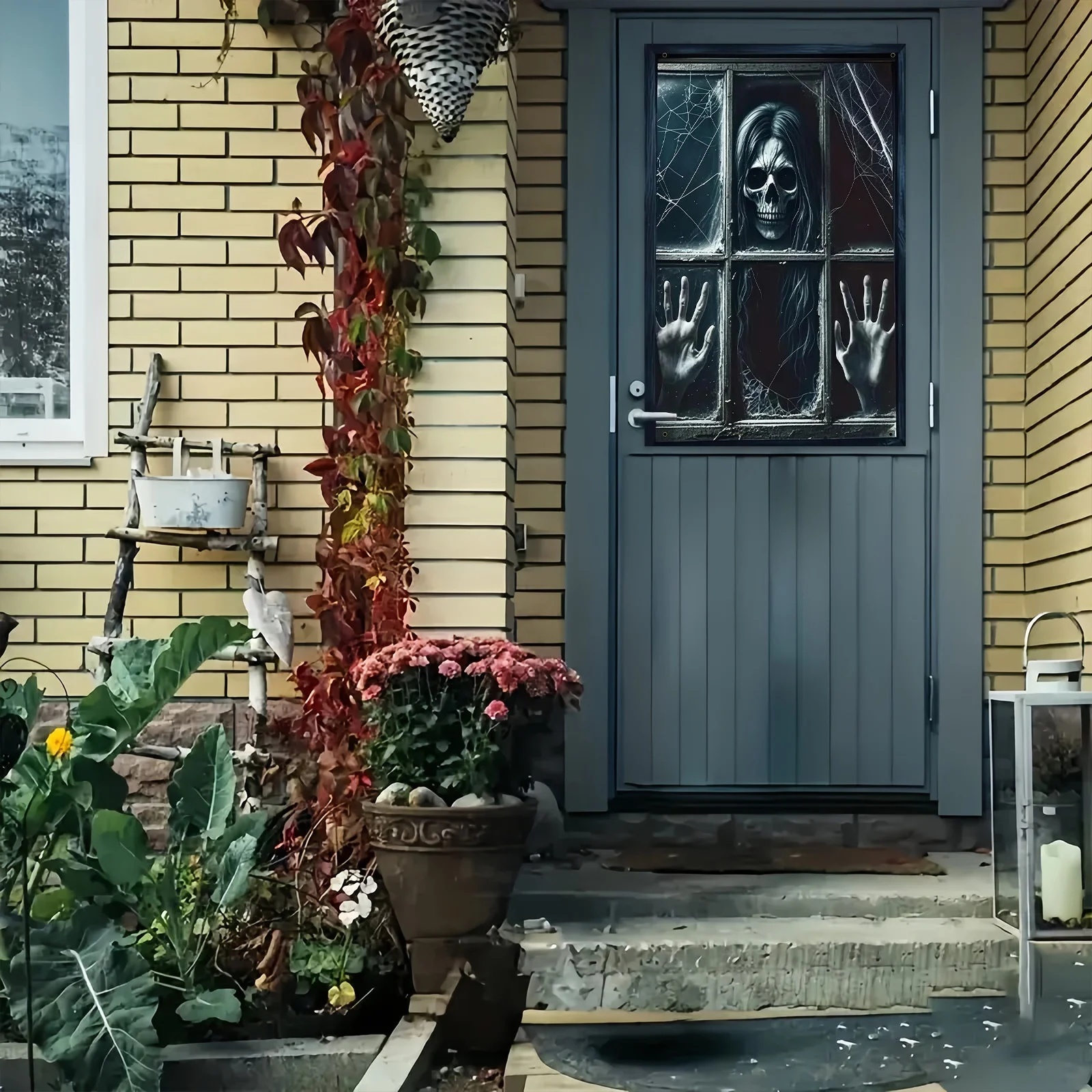 لافتة مسطحة ثنائية الأبعاد قطعة واحدة من لافتة حفلات الهالوين - ستارة شبكة عنكبوت على شكل جمجمة من البوليستر للديكور الداخلي والخارجي