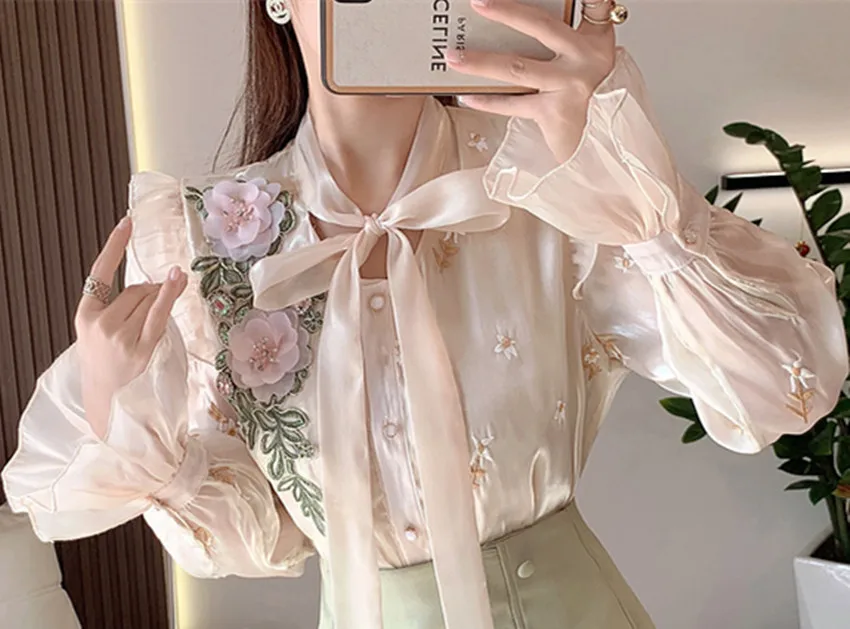 France Luxruy Spring Two Piece Set Elegant Women Flowers Embroidery Bow Lace Up Mesh Shirt +Green Button Deco Bodycon Skirt Suit