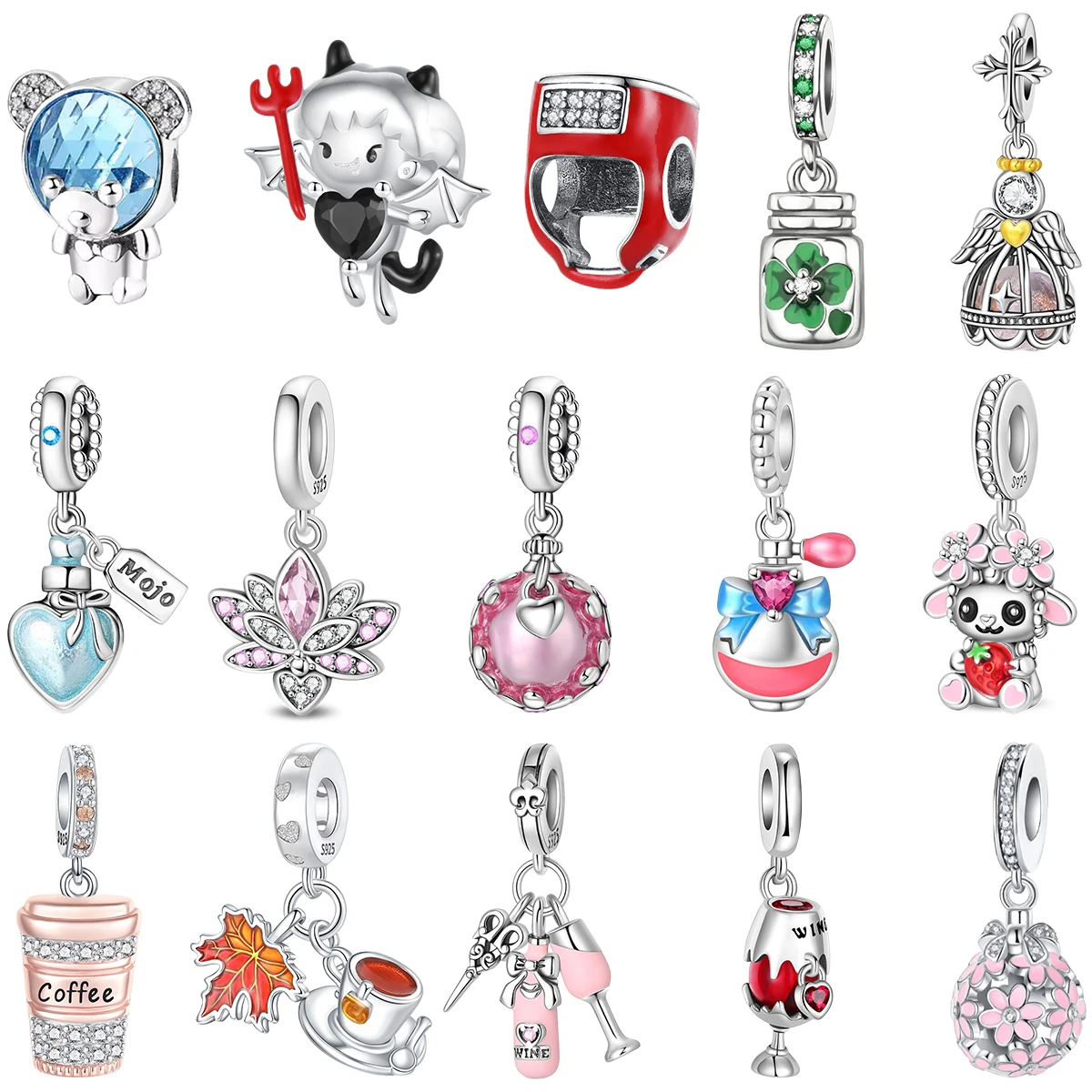 925 Sterling Silver Pendant Beads Cute Bear Devil Helmet Message Bottle Wine Bottle Coffee Cup Perfume Bottle Charm Fine Jewelry