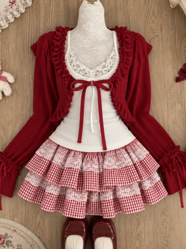 Japanese Sweet Kawaii Lolita 3 Piece Set Casual Cardigan + Slim Lace Bow Vest + High Waist Striped Skirt Autumn Women Outfits