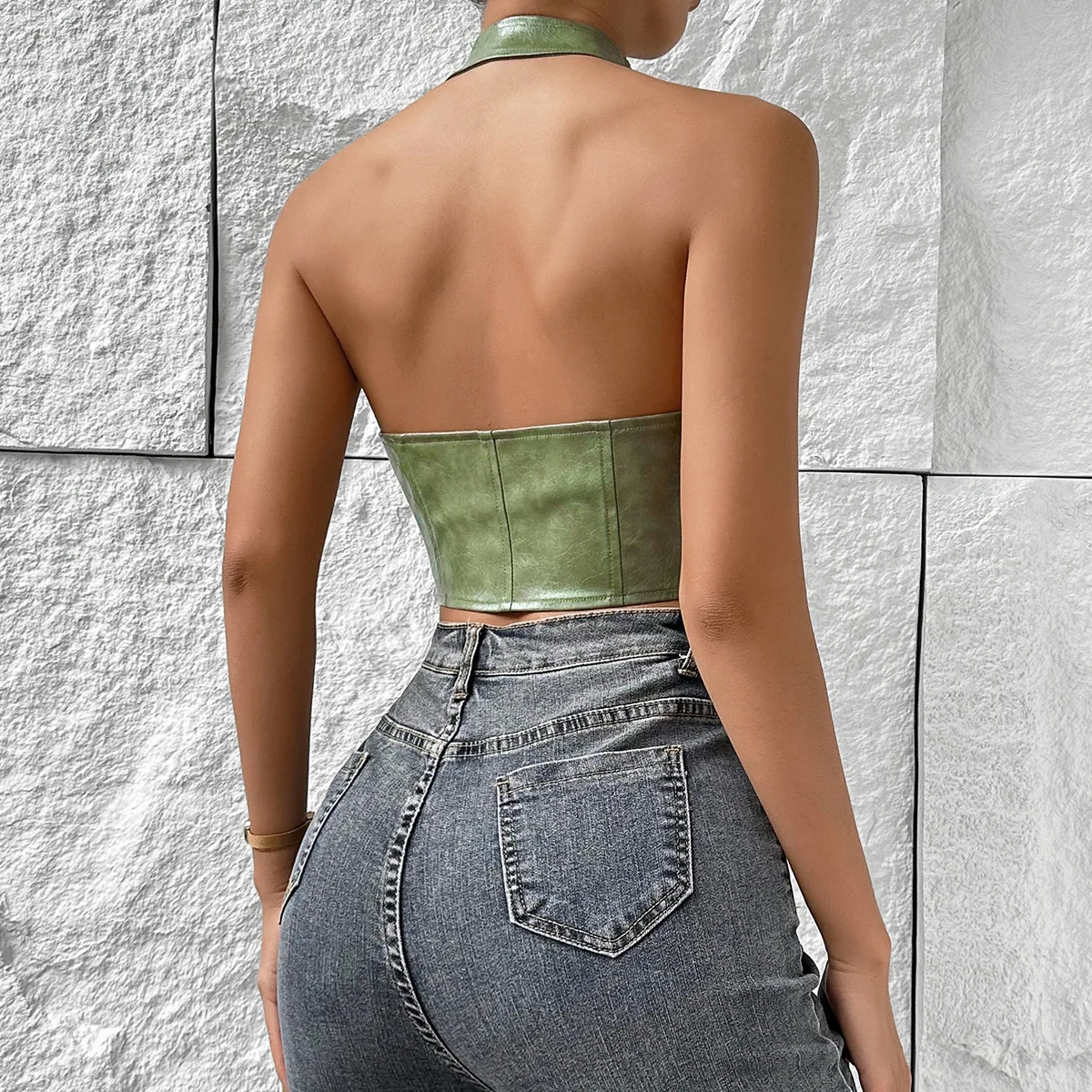 ISAROSE Women Summer Vest Sexy Low Cut Sleeveless Green PU Leather Front Adjustable Bandage Backless Party Club Halter Crop Tops