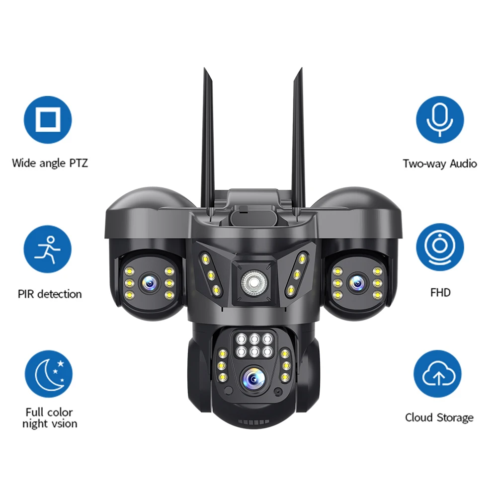 Ultra HD 6MP Three Lens PTZ Wireless WiFi Outdoor Security Camera with Three Screen IP66 Waterproof Two-Way Audio Home Surveilla