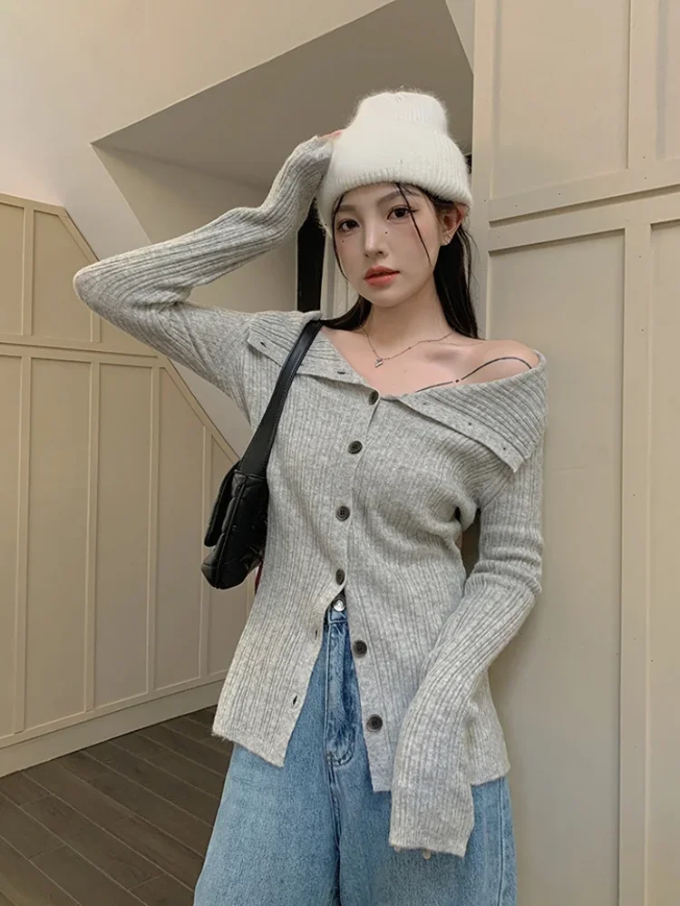 

Y2k Aesthetic Slash Neck Long Sleeve Cardigan Women Korean Fashion Off Shoulder Knitted Sweater Casual Slim Sexy Kintwear Tops